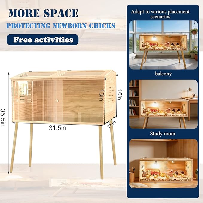 Brooder Box for Chicks,with Sliding Door,Table Legs,2 Types of Thermometer with Heat Lamp Set Suitable for Chicks/Duck/Parrot/Hamster(31.5"×15.7"×15.7")