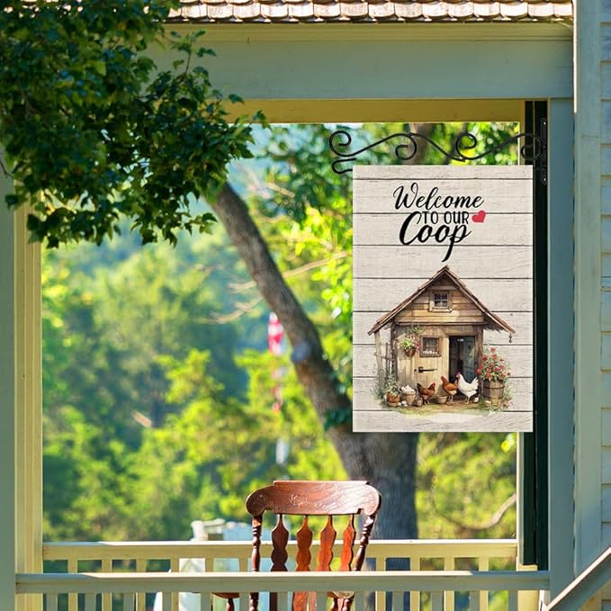 Welcom To Our Coop Garden Flag, 12x18 in Double Sided Farmhouse Chicken Coop Outdoor Decor Yard Flag Gifts, Welcome to the Farm Flags for Chickens Lover, Rustic Chicken Farm Commercial Use