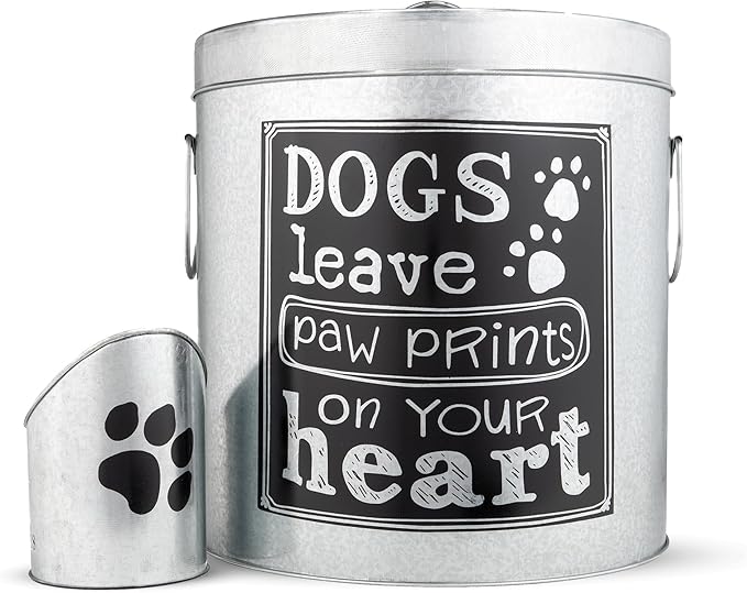 Silver Large Rustic Up to 50lb Pet Food Storage Container. Farmhouse and Rustic Look. Large Canister with Scoop. No More Plastic Containers
