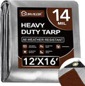 Sunvigor Tarp Waterproof 12x16Ft, Heavy Duty Tarp Cover Extra Thick 14 Mil Tear and UV Resistant, Outdoor Tarps with Grommets and Reinforced Edges for Roof, Camping, Patio, Pool, Boat (Silver/Brown)
