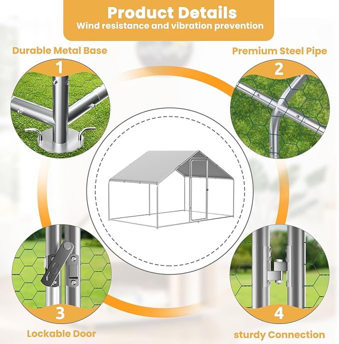 ROOMTEC Chicken Coop Large Metal Chicken Run for 20-30 Chickens,Dog Kennel Outdoor with Waterproof and Anti-UV Cover Lockable Door Design(9.8'Lx19.6'Wx6.4'H)