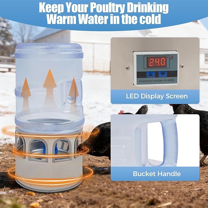 Chicken Water Heater, 5 Gallon Heated Chicken Waterer, Stainless Steel Heated Waterer for Chickens with Thermostat, Freeze-Proof Design, 50W Auto-On/Off, 110V