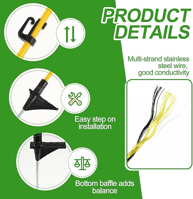 Sasylvia 36 Pcs 45 Inch Fiberglass Electric Fence Posts with 328 Feet Poly Wire, Easy Step-in Electric Fence Kit for Sheep, Lambs, Livestock in Garden, Backyard, Farm, Temporary Fencing(Yellow Black)