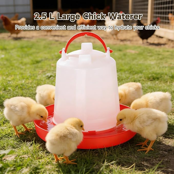 4 Pcs Chick Waterers, 2.5 L Poultry Water Feeders, Poultry Drinkers with Handle, Heavy-Duty Plastic Poultry Water Containers for Chickens, Turkeys, Ducks and More