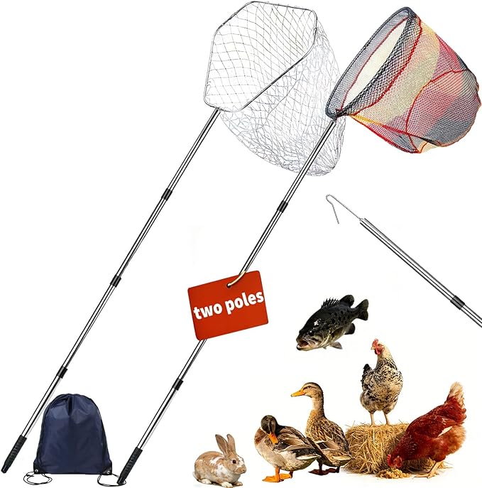 2 Pack Stainless Steel Adjustable Poultry Catching Net, 47" to 106" Adjustable Length, Heavy Duty Capture Net for Chickens Ducks Geese Birds & Fish, Includes 2 Nets & 2 Poles