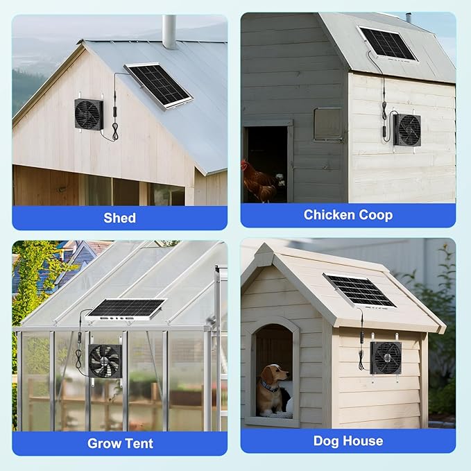 7.5" Solar Chicken Coop Fan, 20W Solar Powered Greenhouse Fan, Solar Exhaust or Intake Fans Outdoor Waterproof, 16.7 ft Cord, for Outside Doghouse Shed Air Circulation Ventilation Cooling