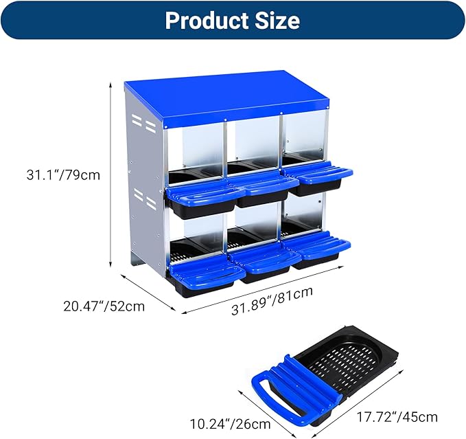 GarveeLife Chicken Nesting Box, 6 Compartments Nesting Boxes for Chickens, Chicken Laying Boxes, Roll Away Nesting Box for Chickens Laying Egg with Lid Cover to Protect Eggs, Blue