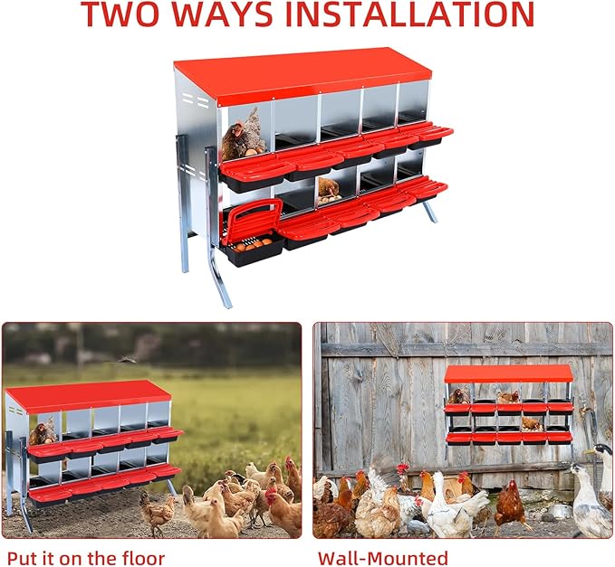Metal Chicken Nesting Box, 10 Compartments Chicken Egg Laying Box, Chicken Coop Nesting Box, Cleanable Pull Out Hen Roosting Boxes with Roll Up Design Lid, Red