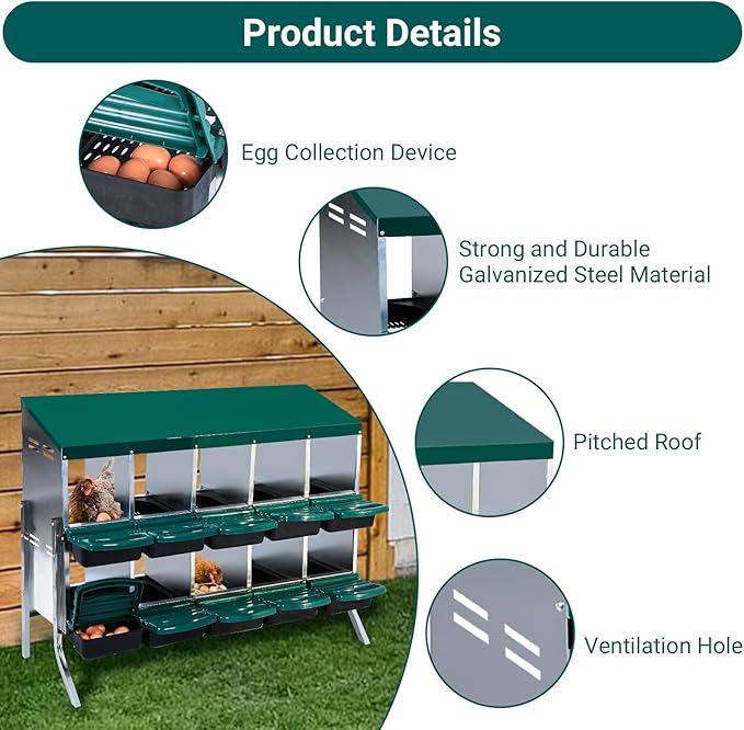 Nesting Boxes for Chickens - 10 Compartment Metal Roll Away Chicken Laying Boxes with Leg, Lid Cover, Protect Eggs, Easy Egg Collection, Chicken Nesting Box for Chicken Coop