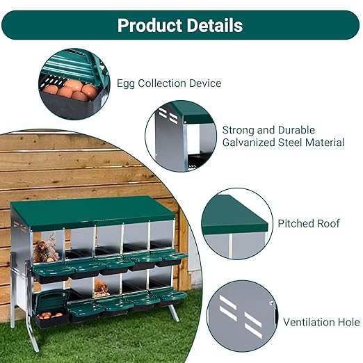 Garvee Chicken Nesting Boxes, 10 Hole Chicken Laying Box with Removable Trays and Roll Out Egg Collection for Chicken Coop, with Metal Legs, Green