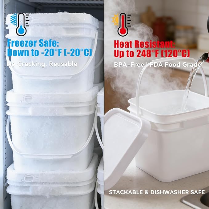 Bucket with Lid - 4 Packs Square Clear Plastic Storage Containers, Food Safe with Handle, Airtight Pressure Lids for Kitchen & Home (White, 0.8 gal)