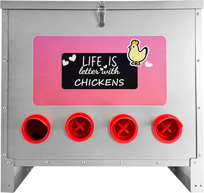 Automatic Chicken Feeder 85-120LB Large Capacity Poultry Feeders with 10 No Waste Feeding Ports Galvanized Metal Feeder Box with Locking Lid and Handles for Outdoor
