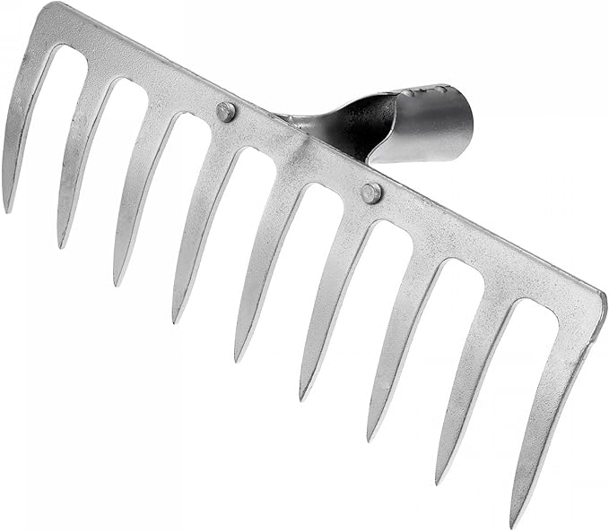 uxcell 9 Teeth Garden Rake Head, Galvanized Manganese Steel Stone Rake for Garden Farm Backyard Without Handle Hard Rake Head Only, Silver Tone