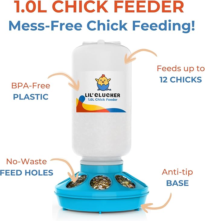 Lil'Clucker 1L Chick Feeder, 1.5L Chicken Waterer - No Leakage Chick Feeder and Waterer Kit, Durable Chicken Water Feeder, Chicken Feeder and Waterer Set, Poultry Waterer (Blue)