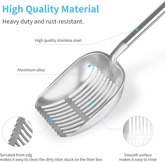 Cat Litter Scoop & Chicken Poop Scooper - Heavy Duty Stainless Steel Long Handle with Sifting Holes for Litter Box/Coop/Sand - Includes Poop Rake, (16.5-62.5")