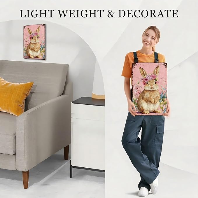 Cute Bunny Metal Sign Vintage Easter Design Rustic Farmhouse Decor Suitable For Home Garden Bar Cafe Outdoor Indoor Wall Display 8X12Inch