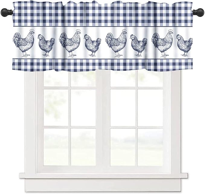 Farm Rooster Valance Curtains Rustic Retro Farmhouse Animals Blue White Buffalo Plaid Rod Pocket Curtain Valance for Kitchen Bedroom Living Room Decor 1 Panel W54xL18 Inch