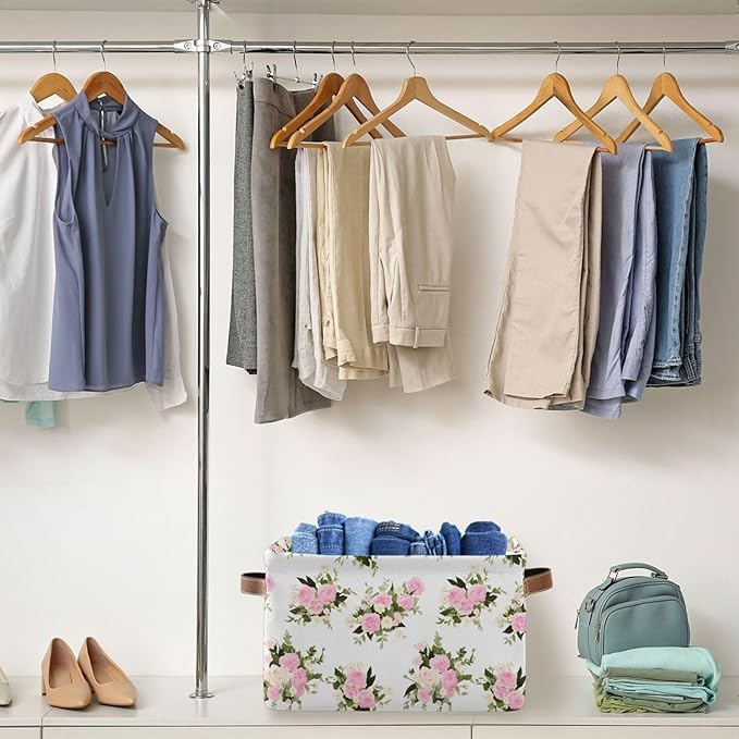 JIPONI Watercolor Pink Roses Fabric Storage Bins for Shelves, Decorative Storage baskets for organizing, Closet Organizer with Handle for Cloth, Toys, Bedrooms