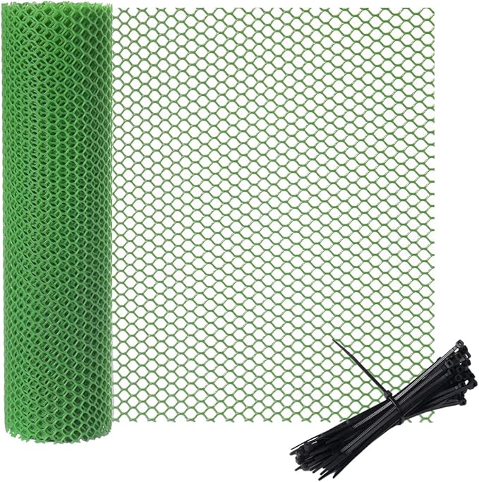 vensovo Plastic Wire Mesh 16IN x 33FT Roll - Green Chicken Wire Fencing for Poultry, Gardening Barrier, Balcony Guard for Cats and Dogs, Floral Craft Mesh with 60 Zip Ties