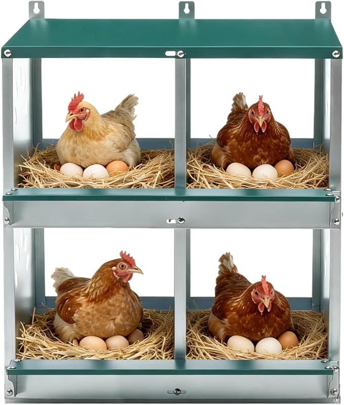 EAGLE PEAK 4-Hole Wall Mounted Chicken Nesting Box, Roll Away Hen Laying Box with Sloped Roof & Easy Clean Tray, Galvanized Steel for Backyard Chicken Coops (Green)