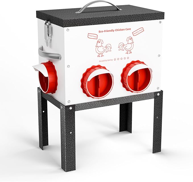 Automatic Chicken Feeder No Waste 35 Pounds 6 Ports Metal Poultry Feeder with Latch & Handle Adjustable Height Heavy-Duty Stand - Outdoor Feeding Station for Chickens, Ducks & Geese