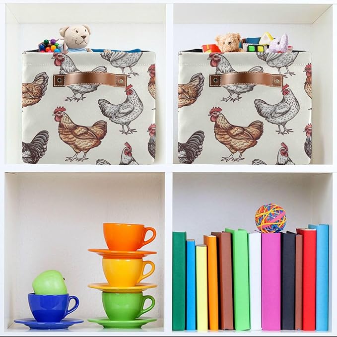 JIPONI Chickens Fabric Storage Bins for Shelves, Decorative Storage baskets for organizing, Closet Organizer with Handle for Cloth, Toys, Bedrooms, Farmhouse