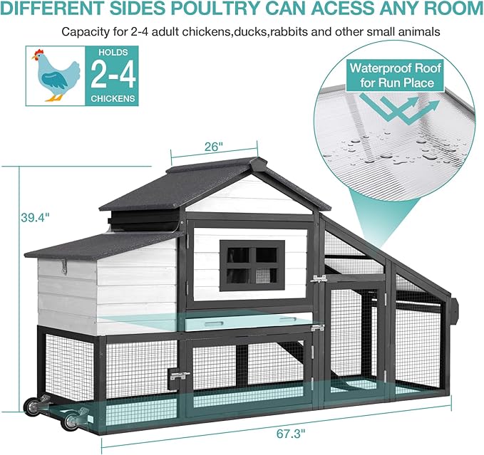 Chicken Coop, Mobile Chicken House with with Wheels, Outdoor Hen House Poultry Cage with Nesting Box, Leakproof Pull Out Tray and UV-Resistant Roof,Rabbit Hutch Duck Coop (Black)