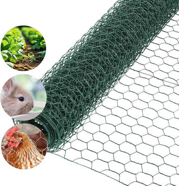 Garden Poultry Green Chicken Wire PVC Coated Hexagonal Wire Mesh Roll Animal Fence 3m x 400mm Garden Netting Fencing for Pet Rabbit Chicken with Gloves & 50Pcs Cable Ties