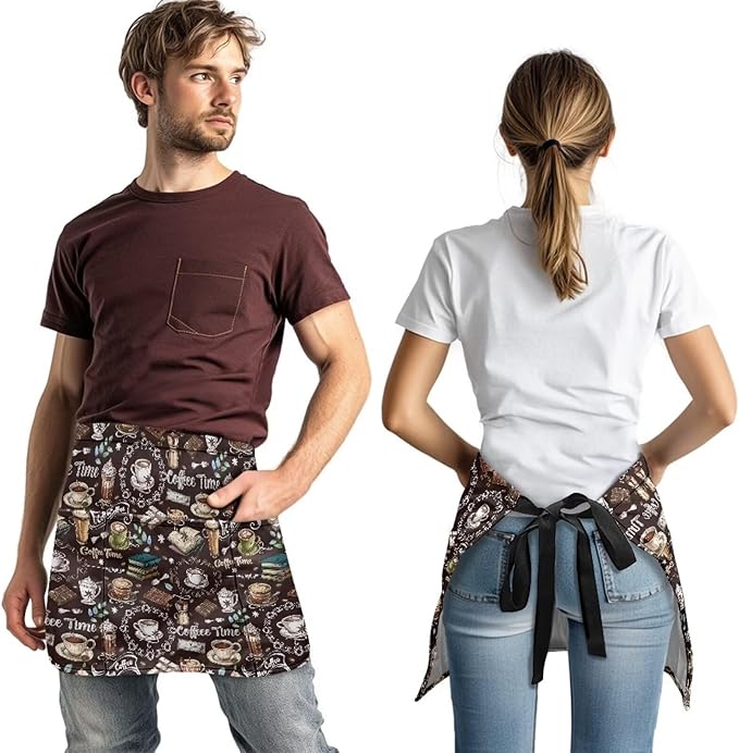Waist Apron with 3 Pockets Waterproof 13 Inch Short Half Waist Aprons Women Men Server Aprons Waitress Waiter Apron
