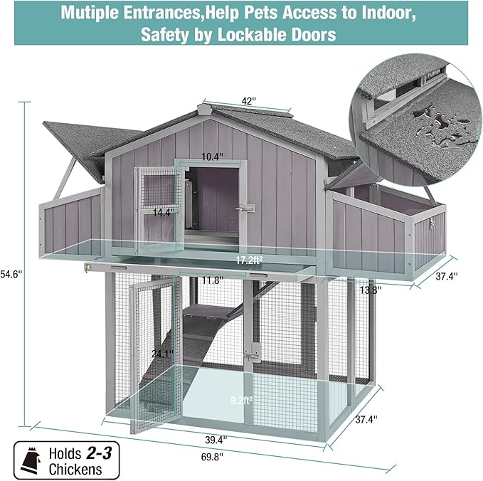 Chicken Coop Outdoor Super Easy to Assemble Large Hen House Wooden Poultry Cage with Nesting Box and Run (Grey)