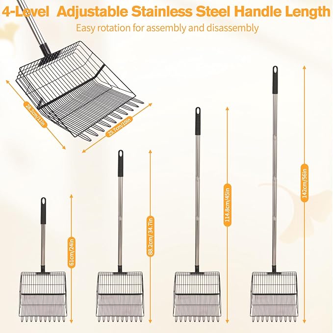 Reptilux Heavy Duty Chicken Poop Scooper Adjustable Long Handle - Stainless Steel Sifter Shovel for Sand & Hemp Bedding - Metal Coop Scoop Rake - Chicken Accessories for Poultry, Dog & Cat Litter