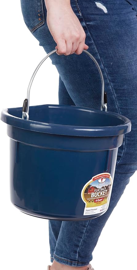 Little Giant® Flat Back Plastic Animal Feed Bucket | Animal Water and Feed Bucket with Metal Handle | 8 Quarts | Navy