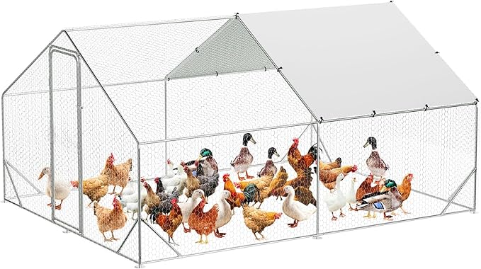 Large Metal Chicken Coop, Walk-in Poultry Cage, Chicken Run Pen House with Reinforcement & Waterproof & Anti-Ultraviolet Cover Chicken Coop Run with Double Lockable Doors for Outdoor 9.8 x13.1X 6.6ft