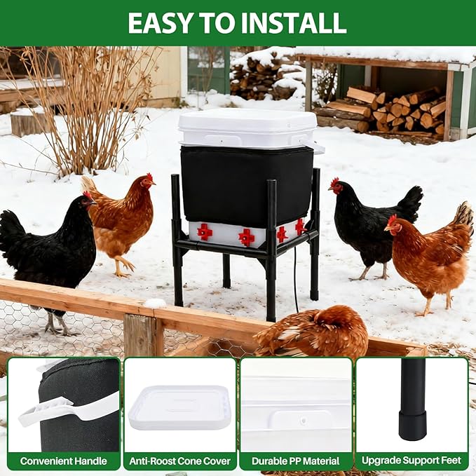 Heated Chicken Waterer,5 Gallon Chicken Poultry Water Heater with Stand for Winter with 8 Nipples + 4 Extras (black, 5 Gallon)