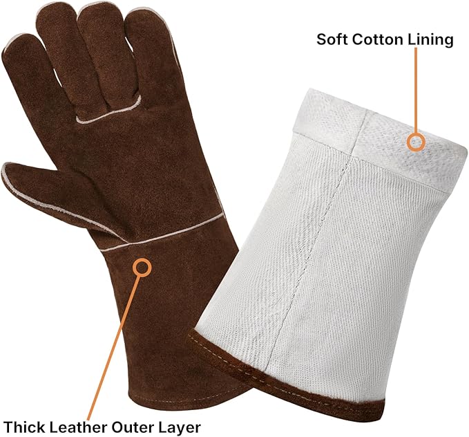 eletecpro Heavy Duty Leather Welding Apron Genuine Cowhide Flame & Heat Resistant Adjustable 42Lx24W with 6 Tool Pockets and Gloves for BBQ, Woodworking, Gardening, Men & Women Gift, Dark Brown