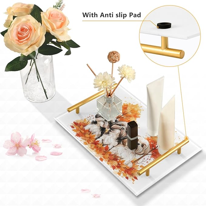 Bathroom Vanity Tray Counter Organizer, Cute Dogs with Fall Leaves Decorative Tray with Handles Countertop Storage for Bathroom Bedroom Kitchen Home Farmhouse