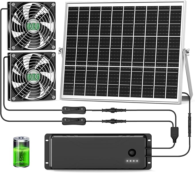 Solar Fan with Battery, 25W Solar Powered Rechargeable Fan Outdoor Waterproof, 12800 mAh Battery Exhuast or Intake Fans, 16.7 ft Cord, for Chicken Coop Greenhouse Dog Shed Ventilation Cooling