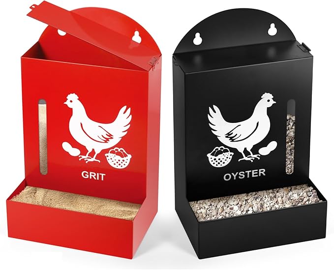 2 Pack Chicken Grit and Oyster Shell Feeder, Metal Oyster Shell Feeder with Visual Window and Lid, Hanging Gravity Chicken Grit Feeder, Chicken Coop Accessories for Healthier Hens and Eggs