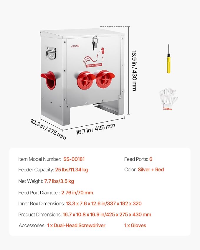 VEVOR Automatic Chicken Feeder, 25 lbs Capacity, 6 Feeding Ports No-Waste Poultry Feeder, Automatic Gravity, with Handle Latch Lid, Metal Construction, for Chickens Bantams Pheasants Poultry Coop