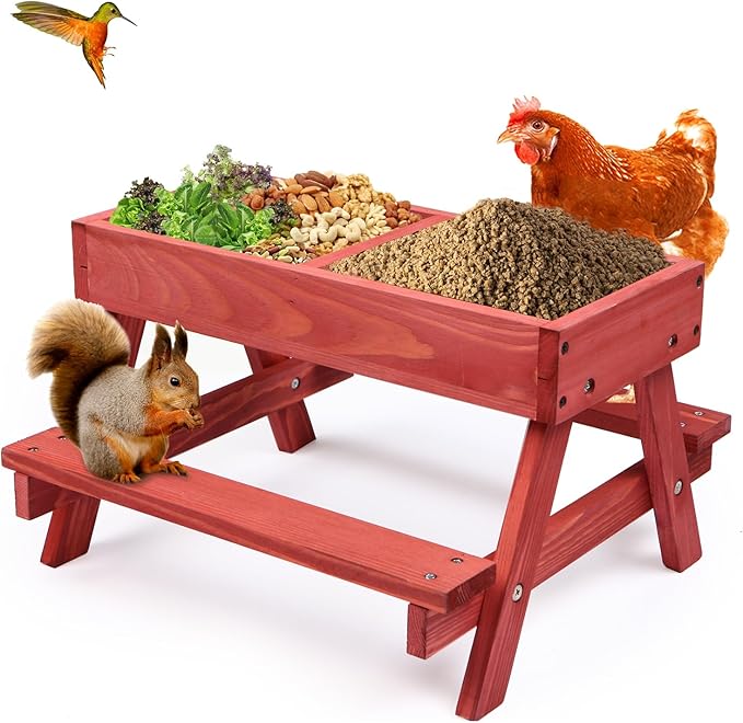 Chicken Picnic Table, Chicken Feeder No Waste Handmade Wooden, Large DIY Chicken Feeder Kit, Wild Bird, Duck & Squirrel Feeders, Mesh Bottom Keep Food Fresh and Dry Easy to Clean and Fill（Red Paint