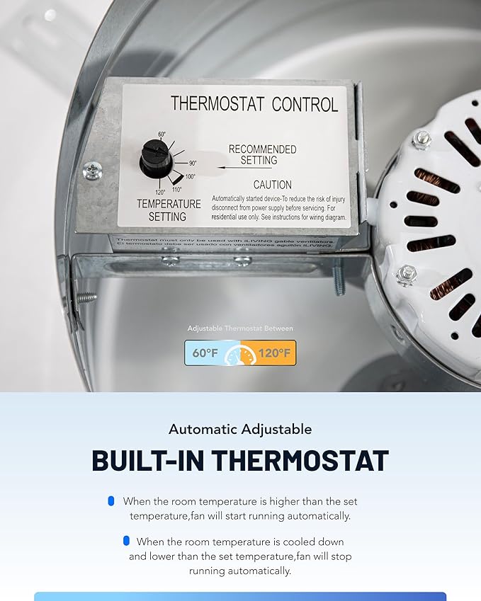 iLiving ILG8G14-12T Automatic Gable Mount Attic Ventilator Fan with Adjustable Thermostat, 2.85 Amp, 2339 CFM, Single-Speed | Automatic, 2339 CFM, 3.10 Amp, Single-Speed