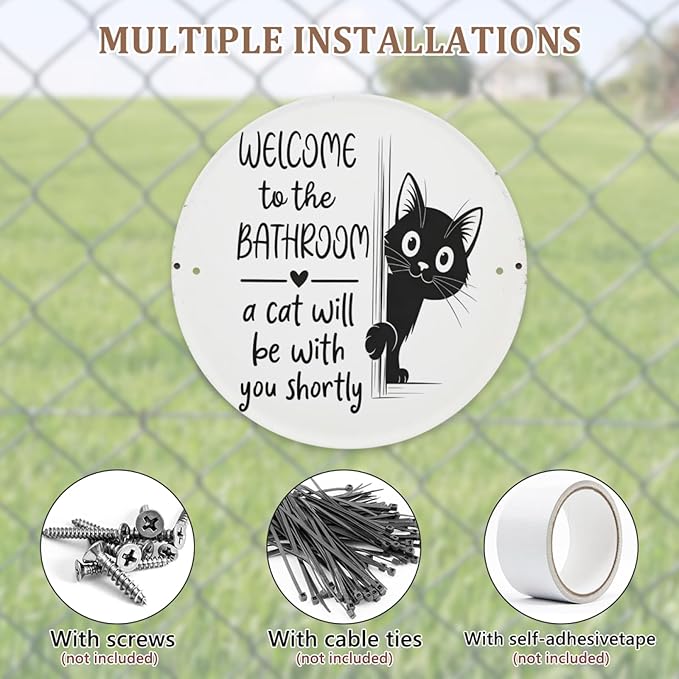 Funny Cat sign Cat Lovers Gifts Welcome To The Bathroom A Cat Will Be with You Round Metal Sign for Bathroom Toilet Decor 8 X 8 Inch