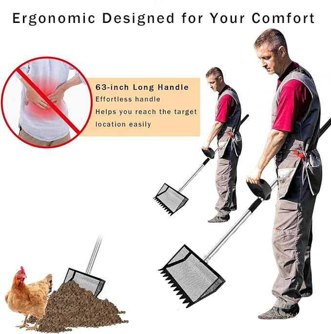 12" Metal Chicken Poop Scooper Rake for Sand with 24 to 68" Handle, Adjustable Chicken Poop Scooper for Poop,Wide 10”Poop Shovel Cleaning Tools, Heavy Duty Sifting Shovel (Black Max)