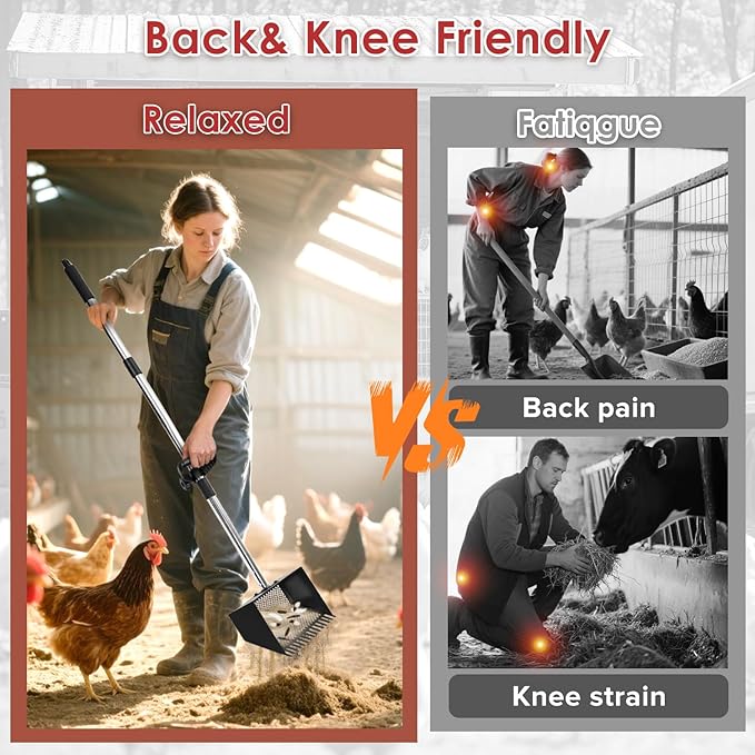 Chicken Poop Scooper & Rake 4-in-1, Metal Chicken Coop Scoop- Adjustable 23" to 66" Stainless Steel Handle, Sifting Litter Shovel for Chicken Coop, Goat Stall, Animal Farm, Stable Cleaning