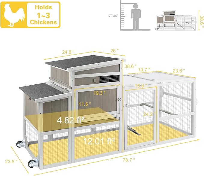Chicken Coop Mobile Wooden Hen House with Nesting Box,75" L Outdoor Chicken House with Wheels and Removable Tray,Fir Wood Chicken Tractor with 4 Ventilation Door and Ramp,Grey
