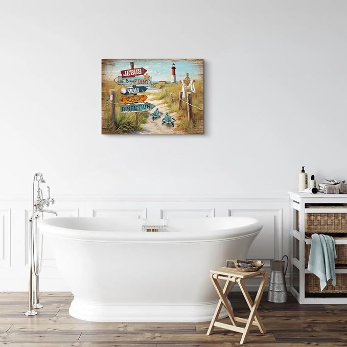 Beach Decor Ocean Sea Turtle Bathroom Wall Art Bible Verses Turtle Coastal Nautical Pictures Canvas Wall Decor Print Painting Framed Artwork For Bedroom Home Decorations 12"X16"