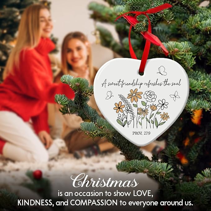 Friendship Gifts for Women, Christmas Hanging Ornaments, Cute Floral Gift for Girl Friend BFF - Sweet Friends Ornament with Bible Verse