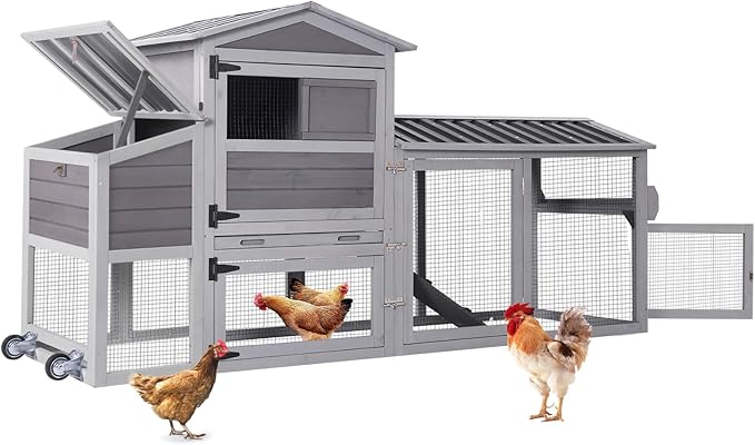 80" Large Chicken Coop on Wheels, with Run, Outdoor Wooden Hen House with Nesting Box, Leakproof Pull-Out Tray & Waterproof Roof, for 4–6 Chickens