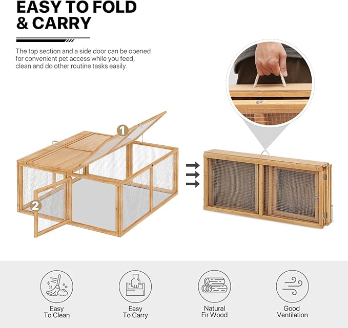 MoNiBloom Foldable Chicken Run Wood Chicken Coop Rabbit Hutch No Assembly Required Indoor/Outdoor Small Animal Nesting Box Habitat Enclosure Spacious Pet Playpen, 45.5" L x 42.5" W x 20" H, Natural