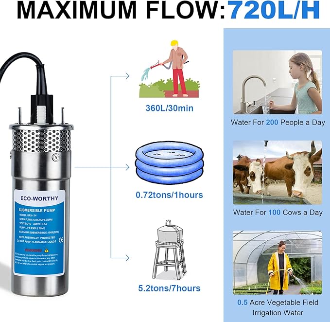 ECO-WORTHY 12V DC Solar Well Pump Kit – 200W Solar Panel Included, Submersible Water Pump, Portable Well Pump for Off-Grid Areas, Deep Wells, Irrigation, Water Tank Filling